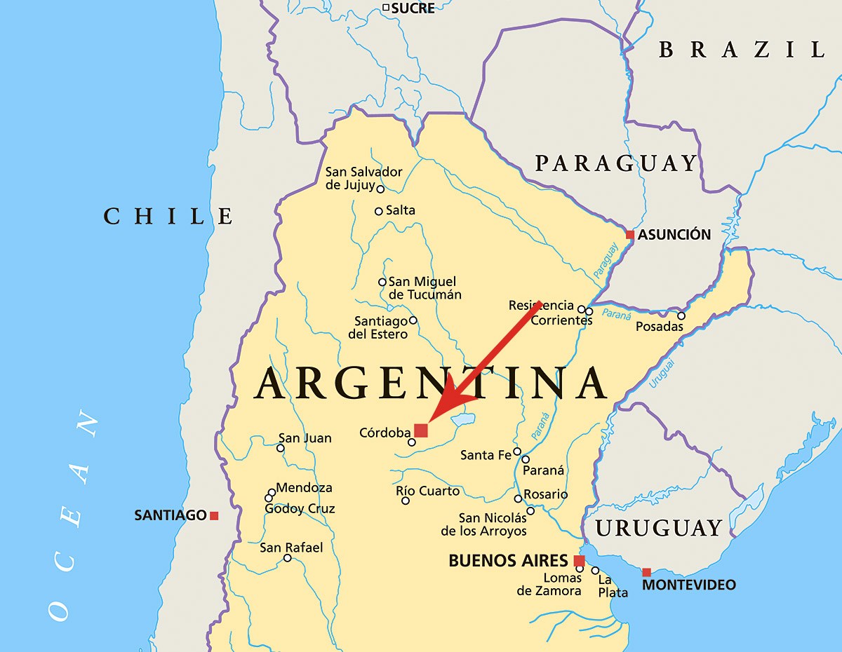 Map of Argentina, Cordoba with the pointer location