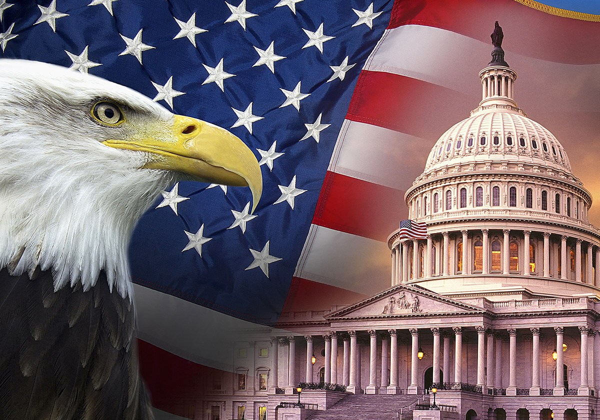 Image of the United States Capitol and flag of America Image of the United States Capitol and flag of America