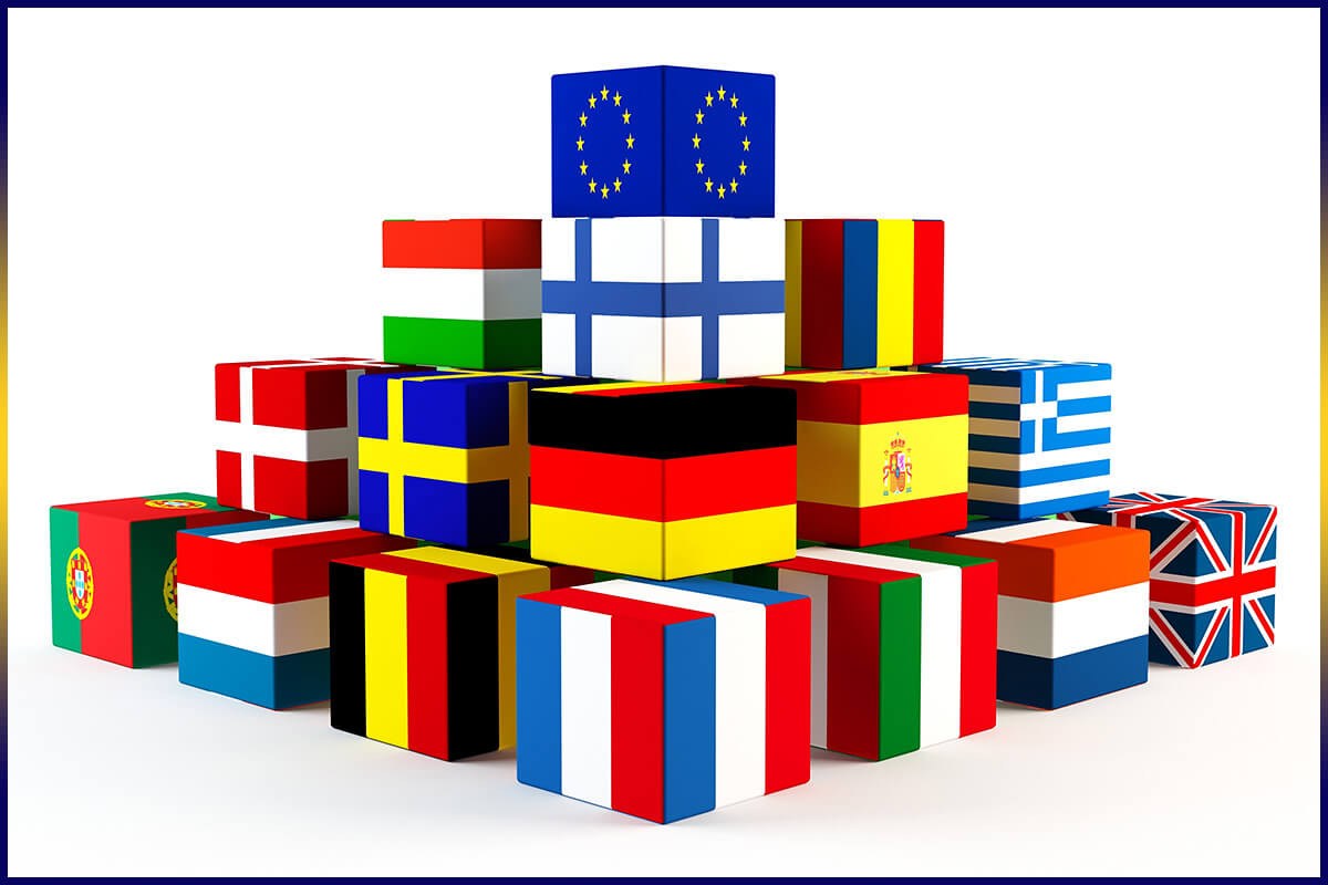 Pyramid of boxes with flags of Europe Pyramid of boxes with flags of Europe