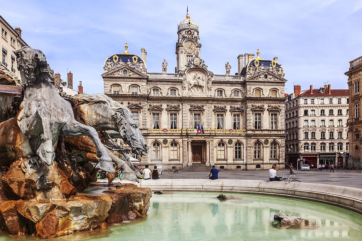 Terreaux square with fountain in Lyon city Terreaux square with fountain in Lyon city