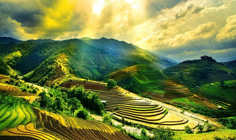 Panoramic view of fields and mountains in Asia Panoramic view of fields and mountains in Asia