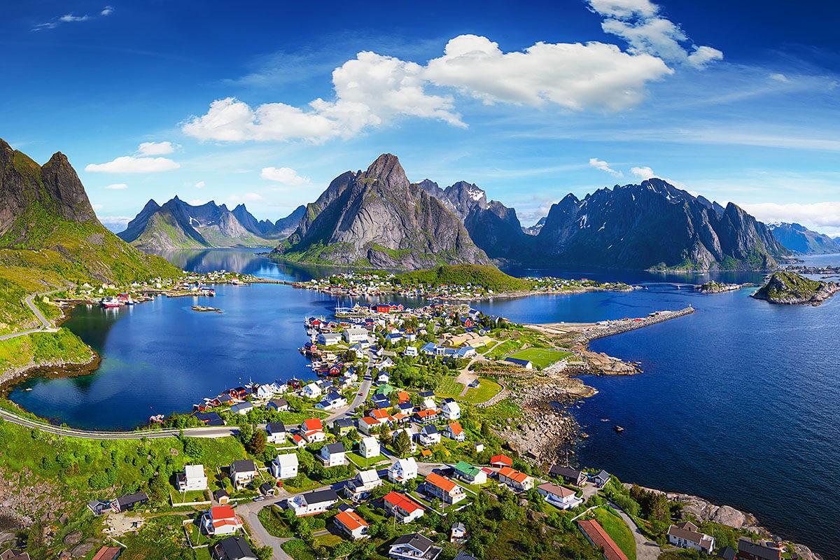 Panoramic aerial view of a village in Lofoten Islands, Norway Panoramic aerial view of a village in Lofoten Islands, Norway