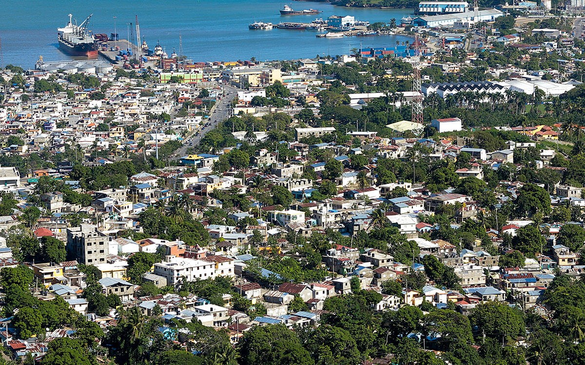 Panoramic aerial view of the streets and buildings in Puerto Plata