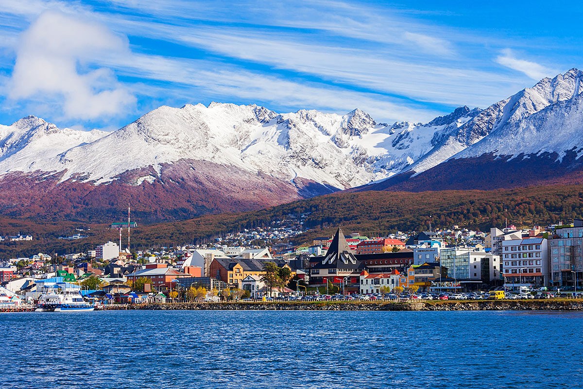 View of houses and mountains in Ushuaia, Argentina