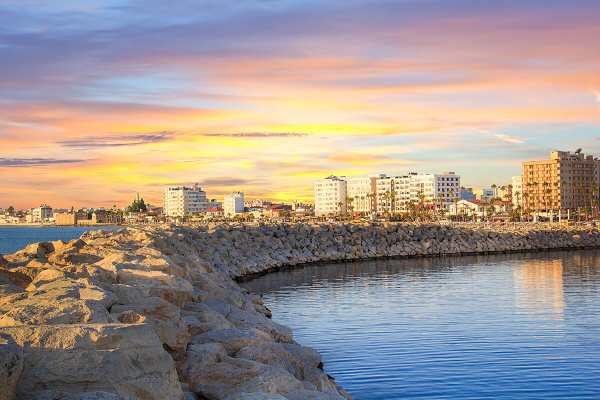 Charming view of the beach at the time of sunset, Larnaca city, Cyprus Charming view of the beach at the time of sunset, Larnaca city, Cyprus