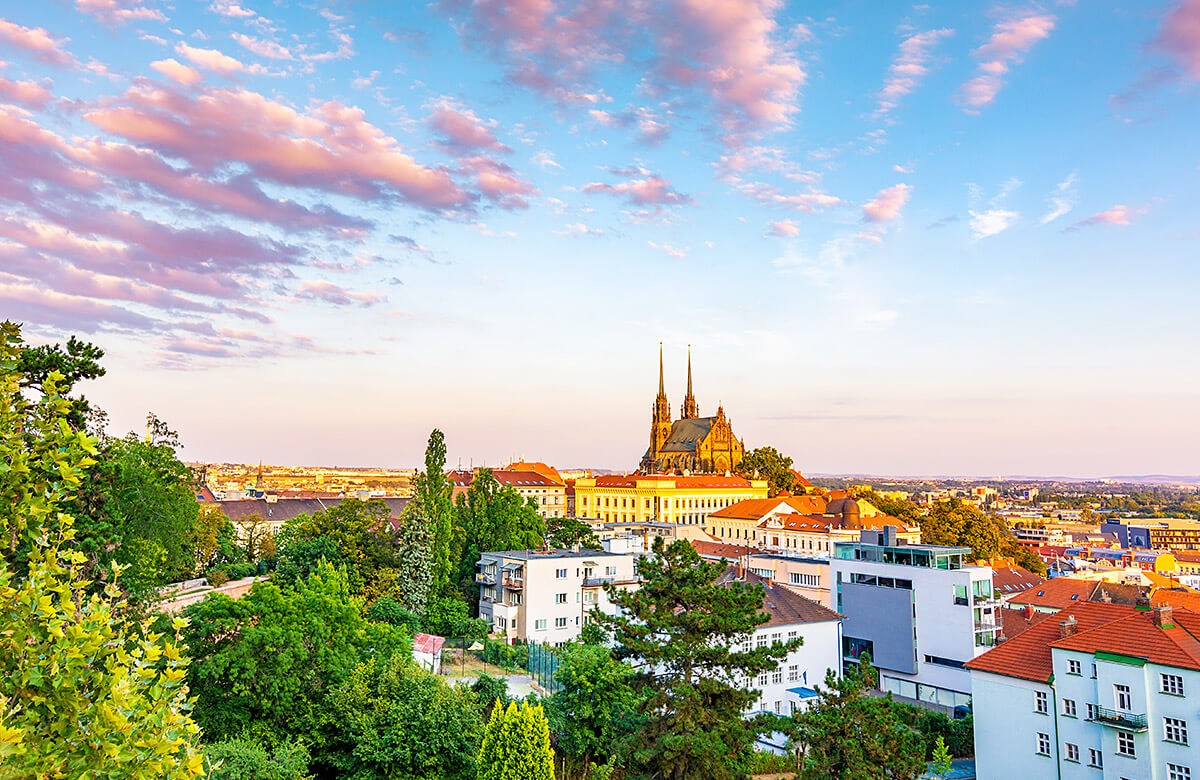 Panoramic aerial view of the Petrov Cathedral and the architecture of Brno Panoramic aerial view of the Petrov Cathedral and the architecture of Brno