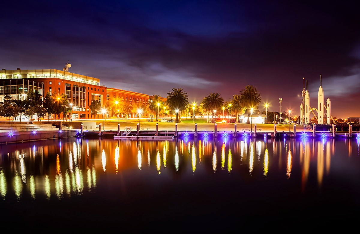 Night view of the historical buildings and the waterfront in Geelong, Australia Night view of the historical buildings and the waterfront in Geelong, Australia