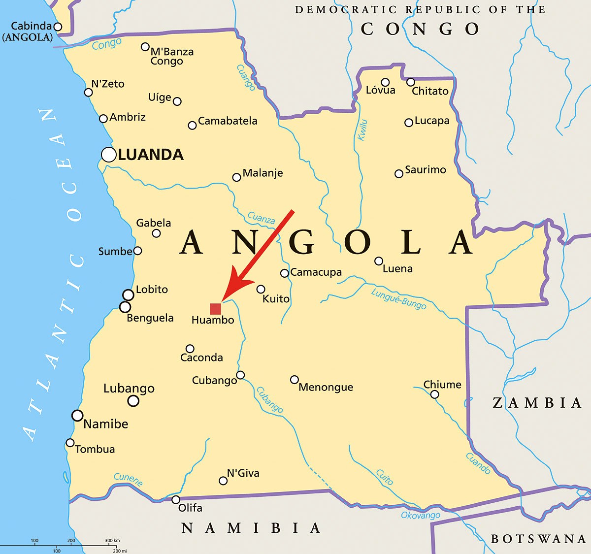 Image of a map showing the location of Huambo, Angola Image of a map showing the location of Huambo, Angola