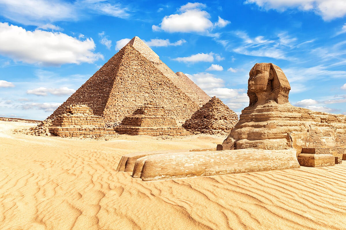 View of the Great Sphinx and the Pyramids at Giza, Egypt
