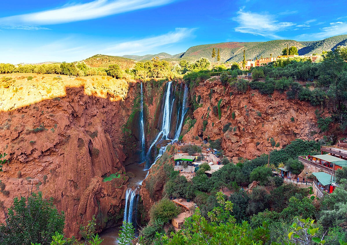 View of the Ouzoud Falls waterfall in Marrakesh, Morocco View of the Ouzoud Falls waterfall in Marrakesh, Morocco