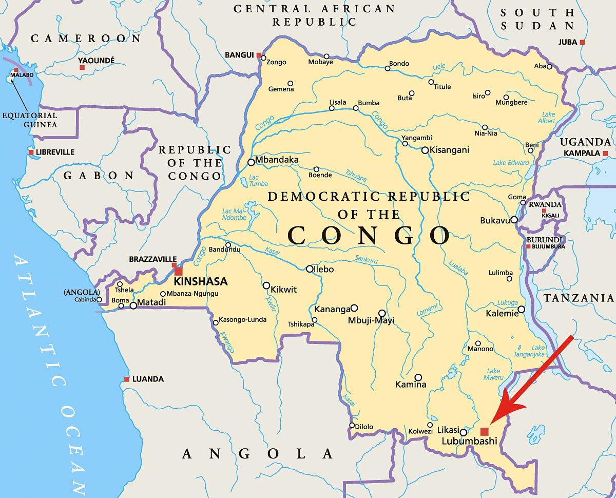 Image of a map showing the location of the city of Lubumbashi, Republic of the Congo Image of a map showing the location of the city of Lubumbashi, Republic of the Congo