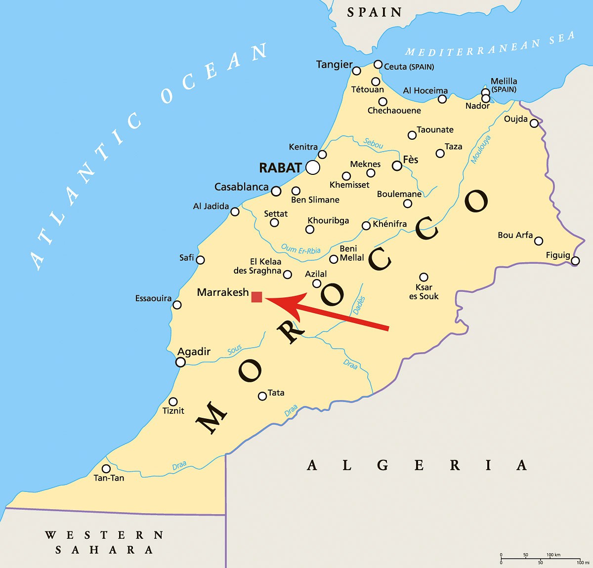 Image of a map showing the location of the city of Marrakesh, Morocco Image of a map showing the location of the city of Marrakesh, Morocco