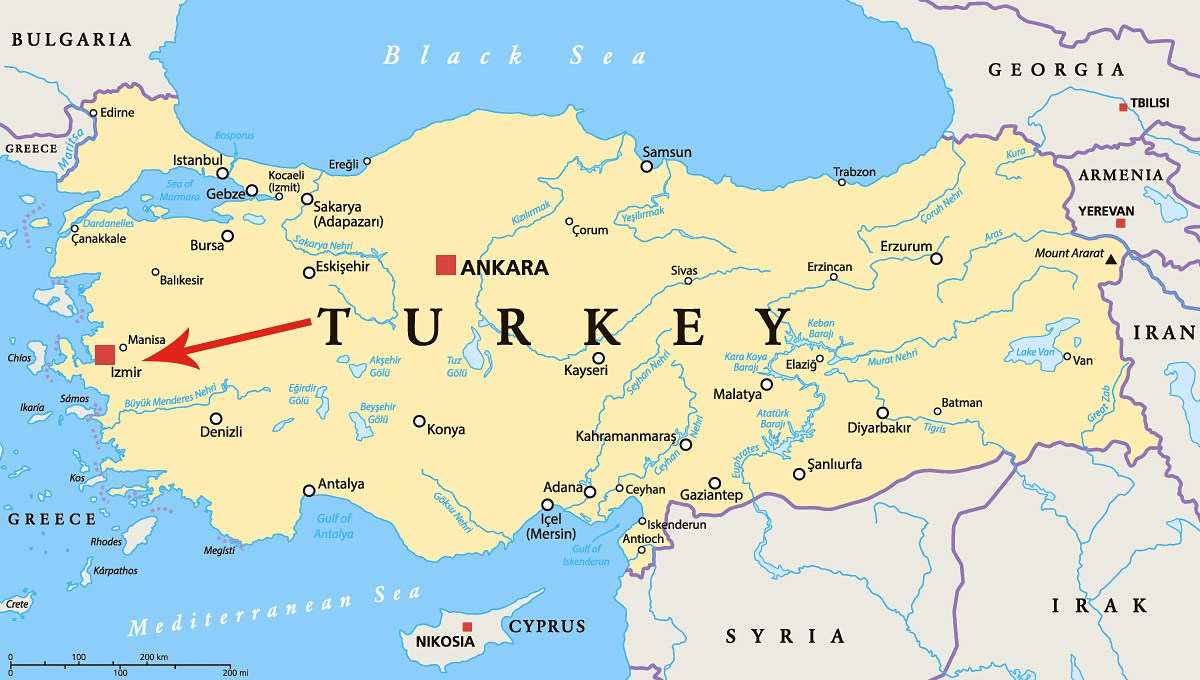 Image of a map showing the location of the city of Izmir, Turkey Image of a map showing the location of the city of Izmir, Turkey