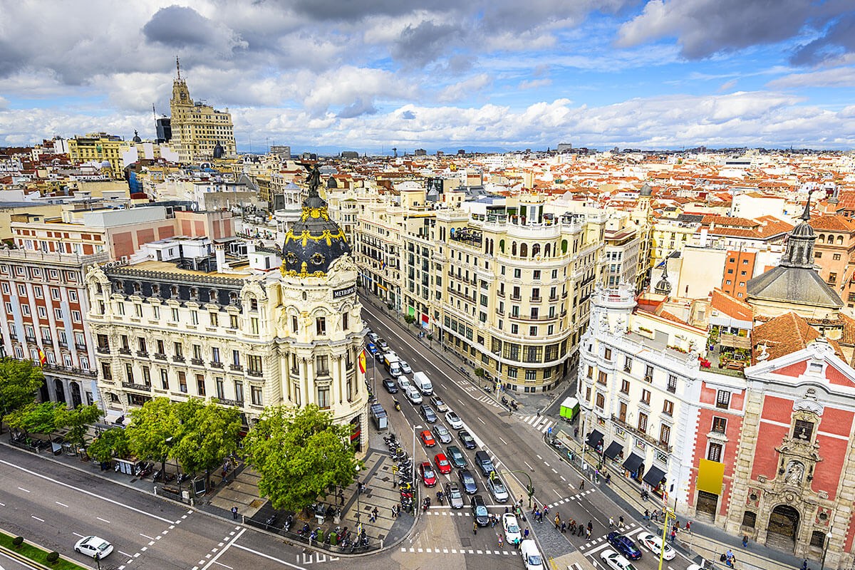 Excellent aerial view of the architecture of the city and Gran Via street, Madrid, Spain Excellent aerial view of the architecture of the city and Gran Via street, Madrid, Spain