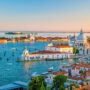 Aerial view of water channels and buildings in city of Venice, Italy
