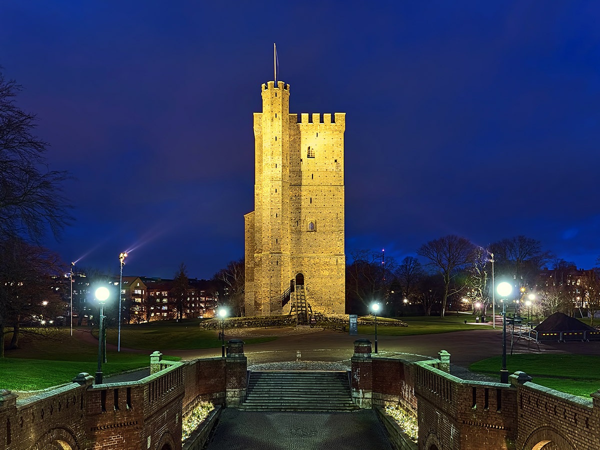 Night view of the Medieval Tower Karnan, city of Helsingborg, Sweden