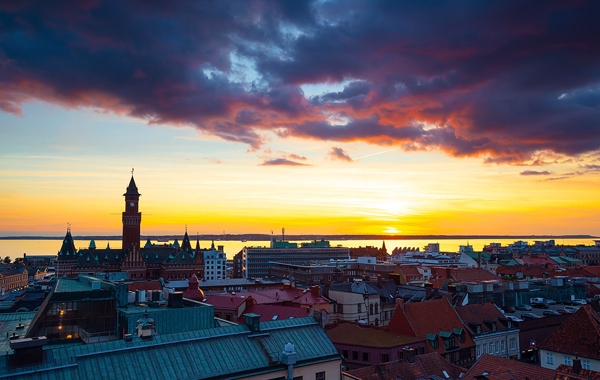 Aerial view of the city of Helsingborg at the time of sunset