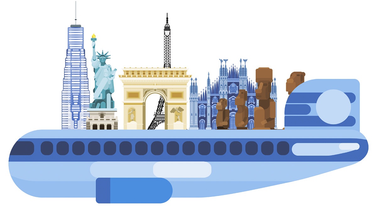 Drawing of an airplane with popular attractions in America and Europe