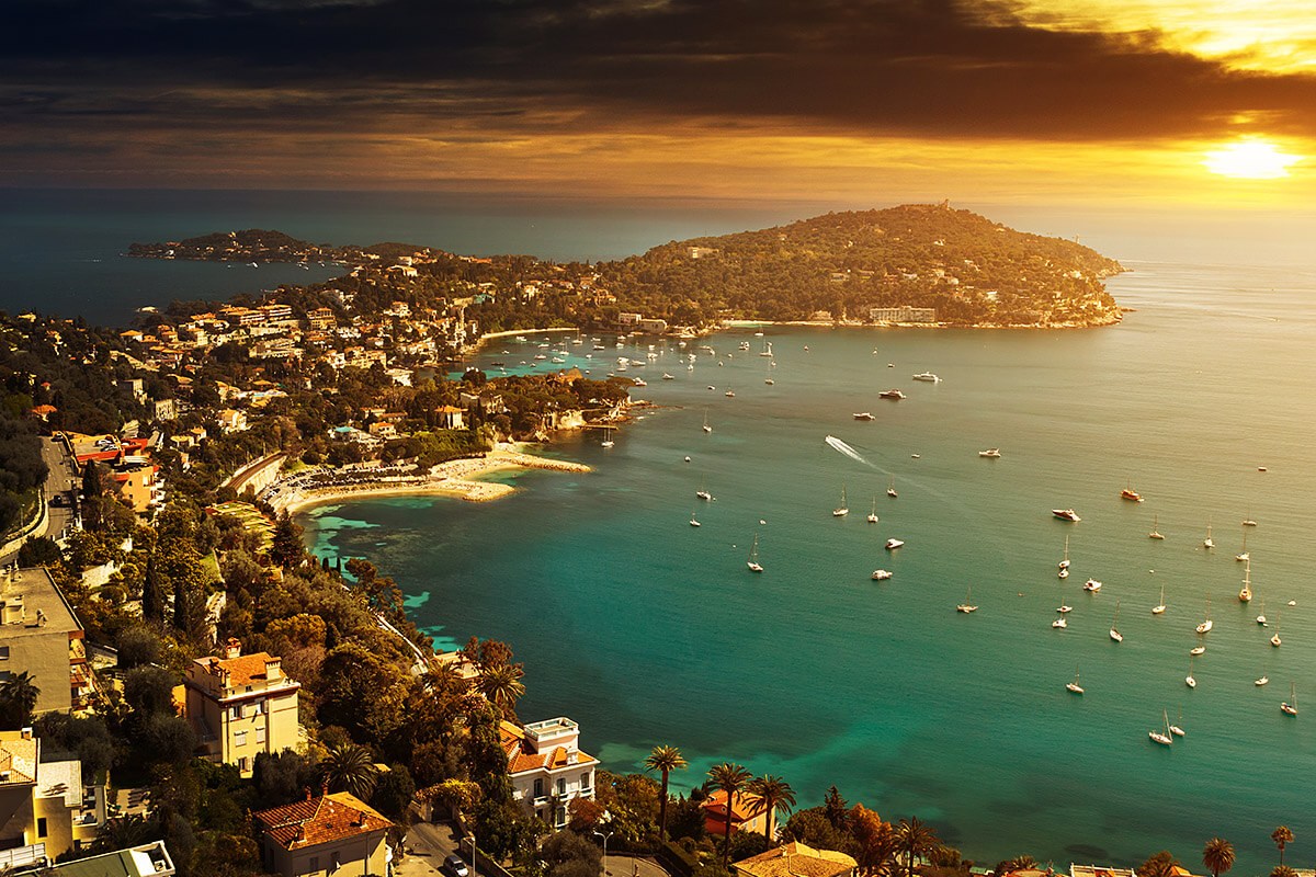 Aerial view of the sea and the city of Nice at sunset Aerial view of the sea and the city of Nice at sunset