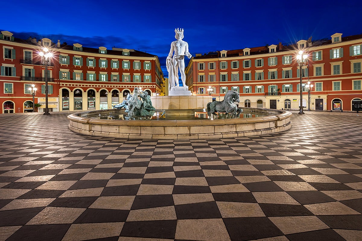 View of Place Massena and Fontaine du Soleil, Nice, France View of Place Massena and Fontaine du Soleil, Nice, France