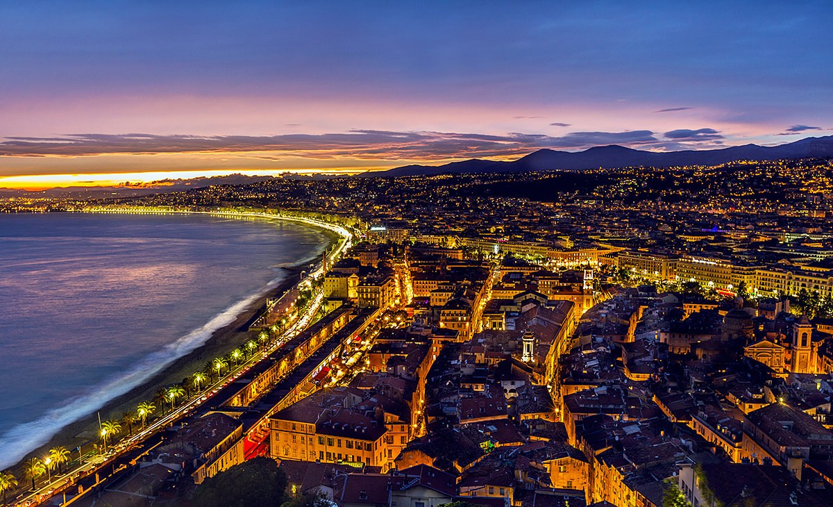 Magnificent views of the city at night and the sea, Nice, France Magnificent views of the city at night and the sea, Nice, France