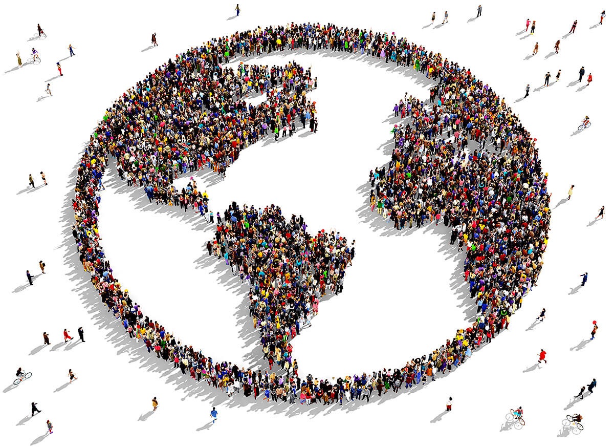 Image of groups of people standing in the shape of the continents of America and Europe