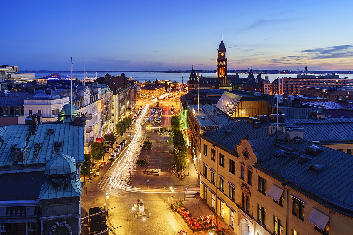 Panoramic view of night streets in Helsingborg, Sweden