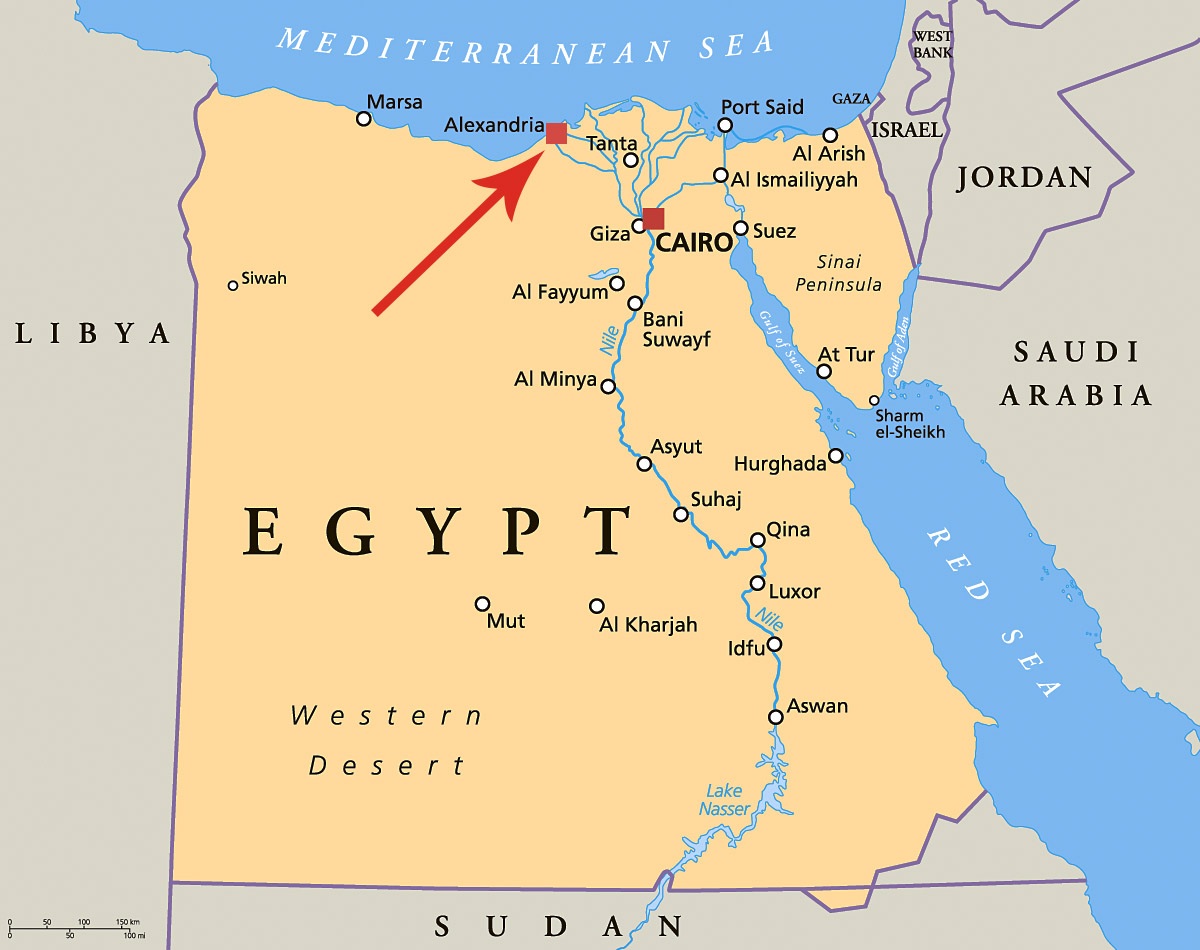 Image of a map showing the location of the city of Alexandria, Egypt Image of a map showing the location of the city of Alexandria, Egypt