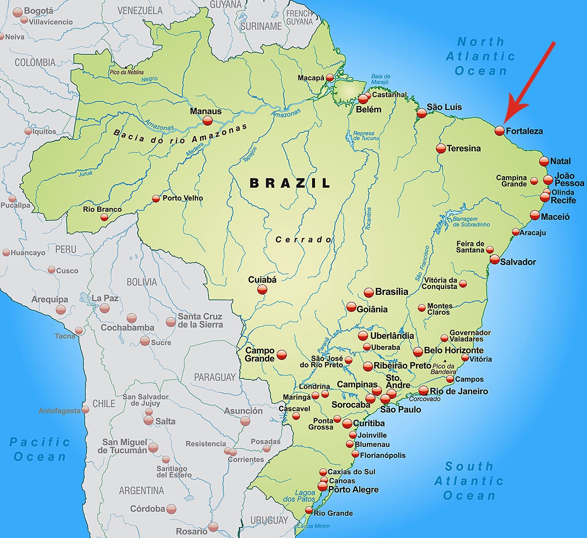 Image of a map showing the location of the city of Fortaleza, Brazil Image of a map showing the location of the city of Fortaleza, Brazil