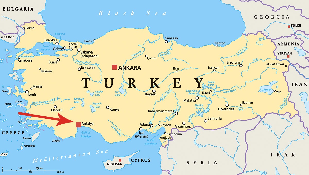 Image of a map showing the location of the city of Antalya, Turkey Image of a map showing the location of the city of Antalya, Turkey