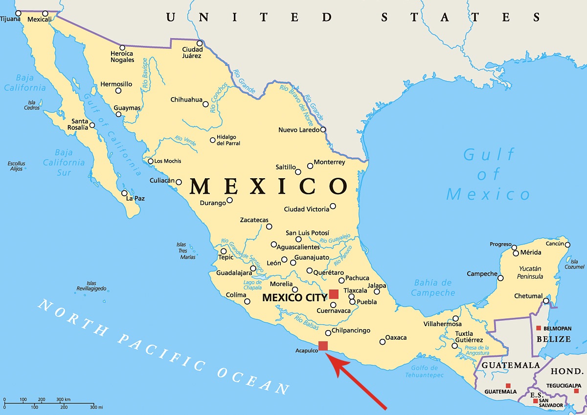 Image of a map showing the location of the city of Acapulco, Mexico Image of a map showing the location of the city of Acapulco, Mexico
