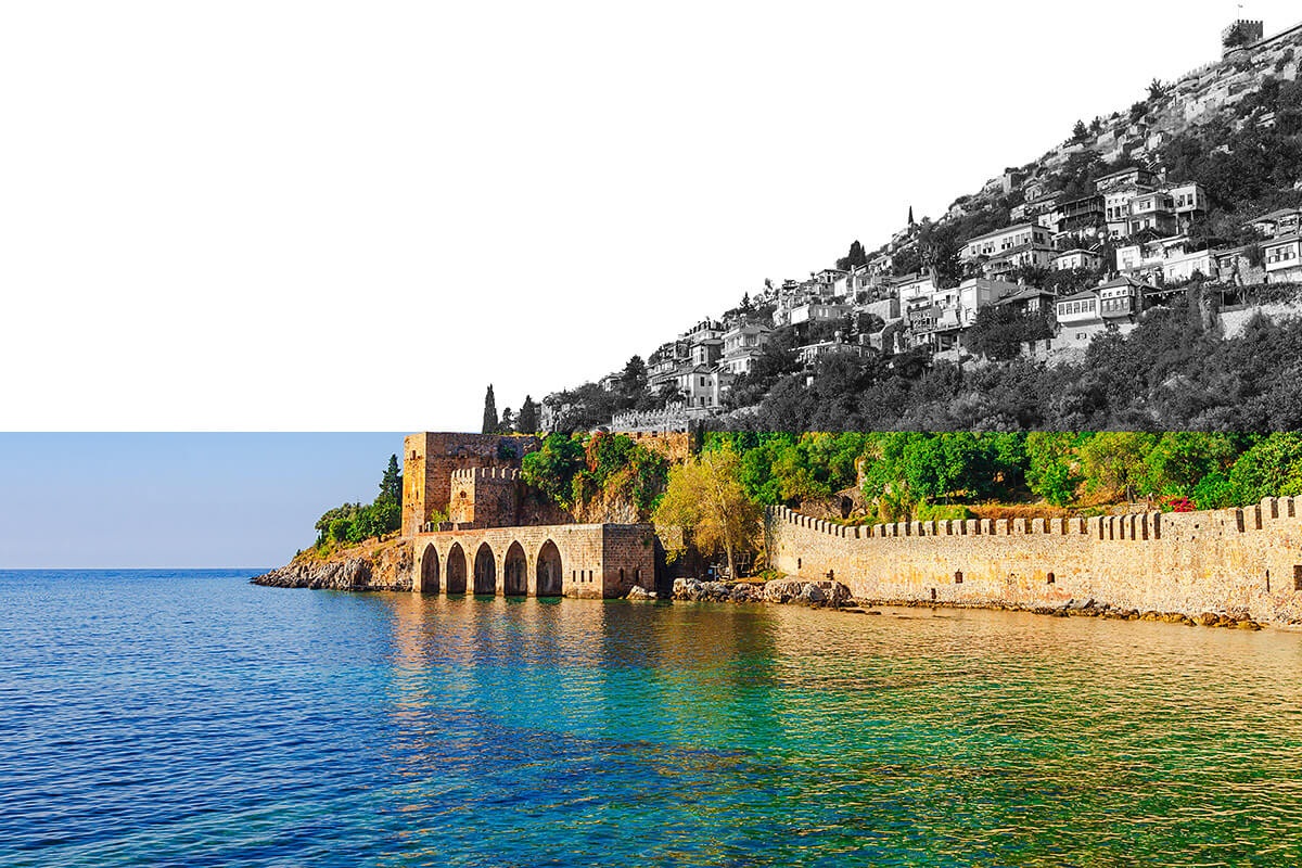 Magnificent views of houses, mountain and sea, city of Antalya Magnificent views of houses, mountain and sea, city of Antalya
