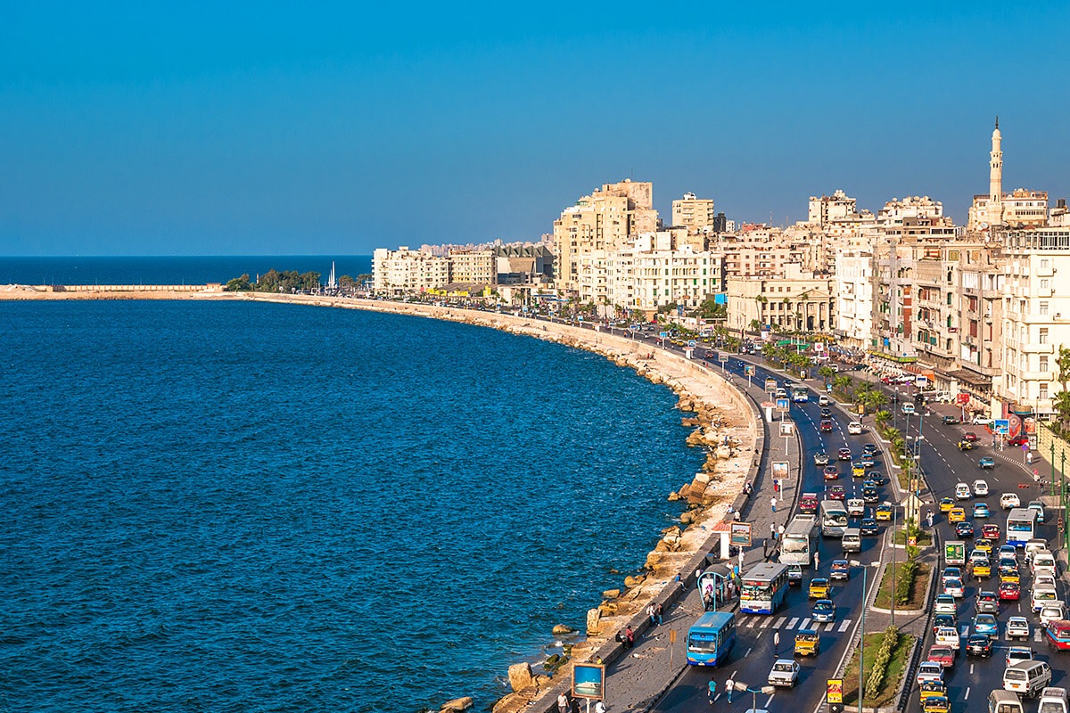 Aerial view of city buildings and coastline, Alexandria, Egypt Aerial view of city buildings and coastline, Alexandria, Egypt
