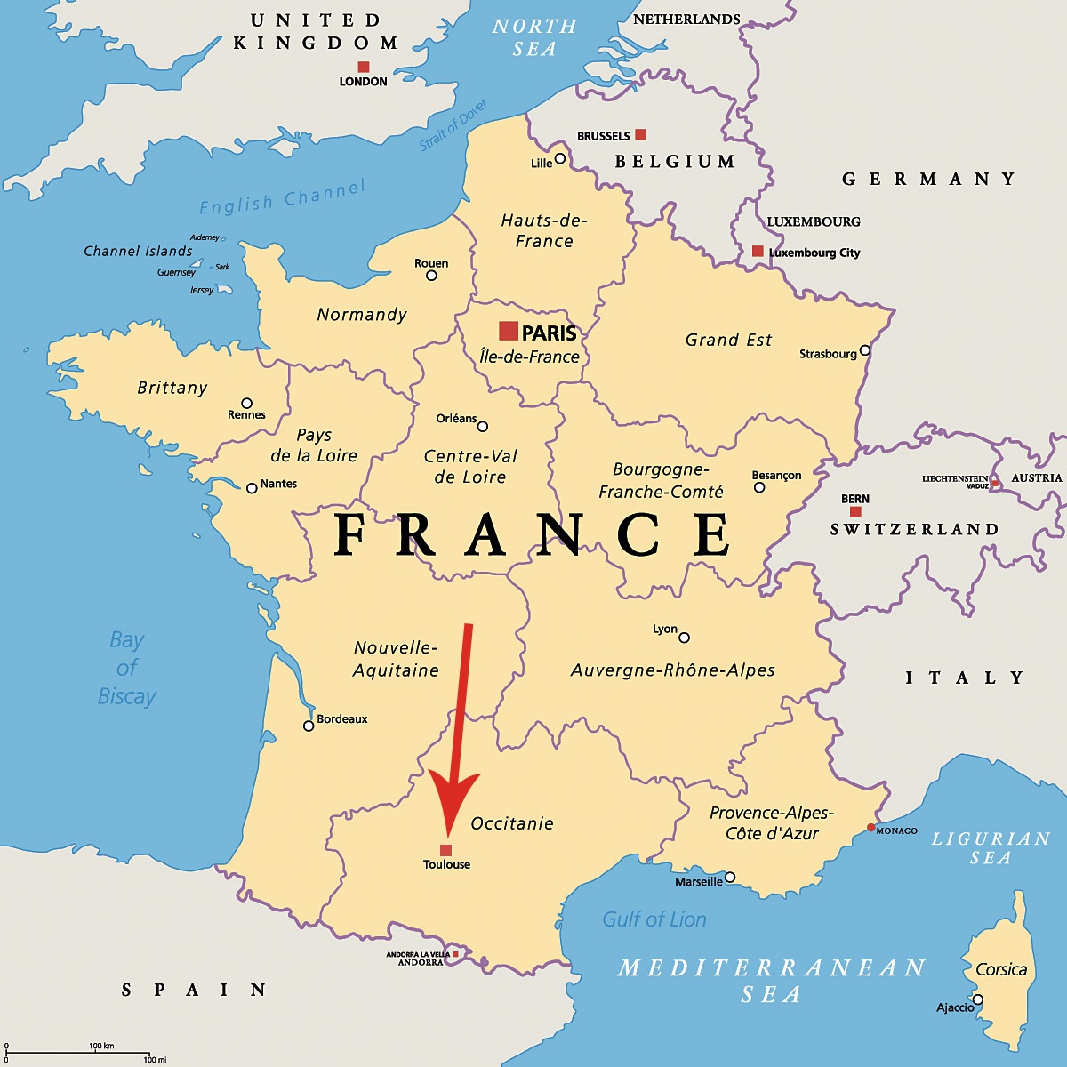 Image of a map showing the location of the city of Toulouse, France Image of a map showing the location of the city of Toulouse, France