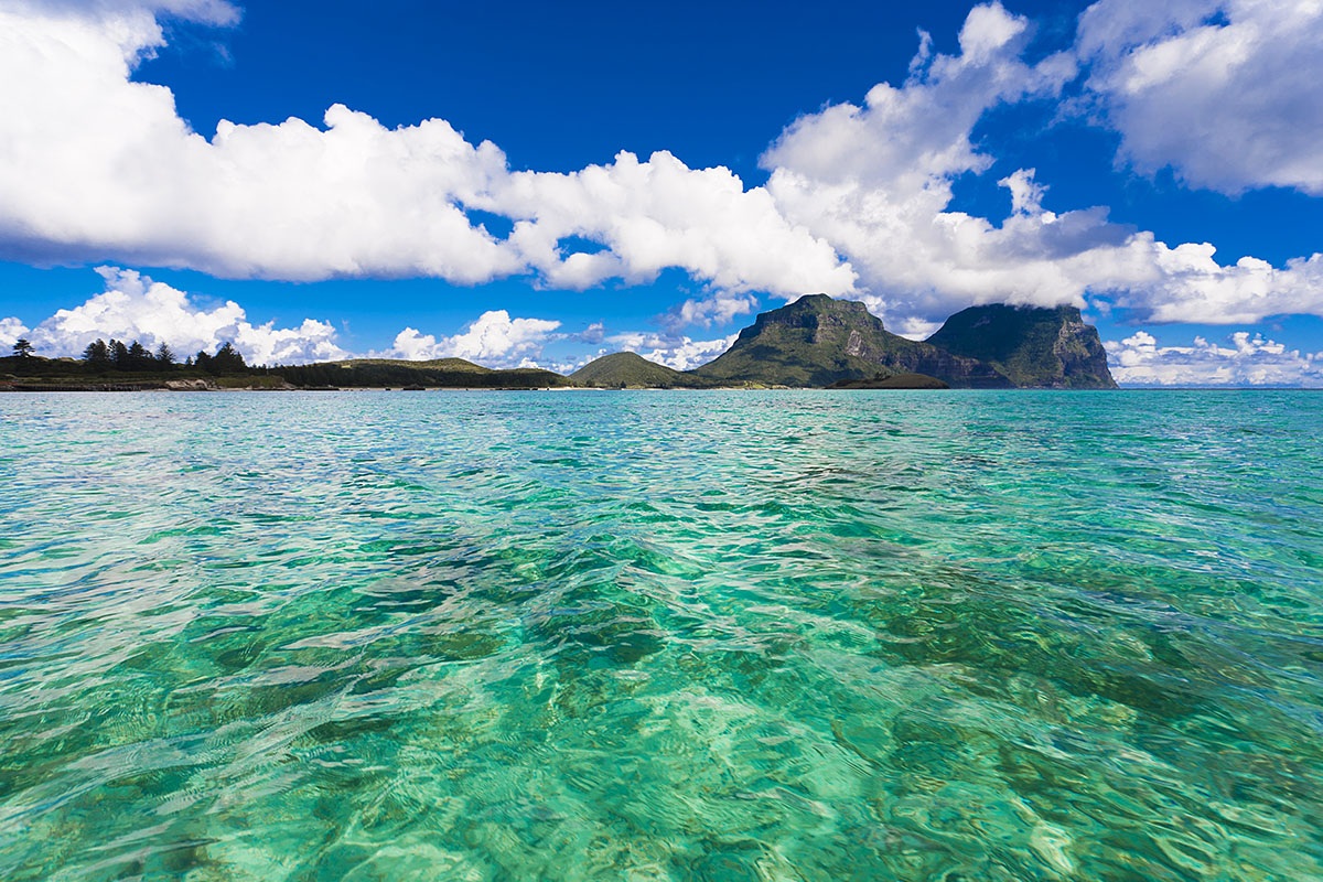 Image of Lord Howe Island and the ocean on a sunny day, Australia
