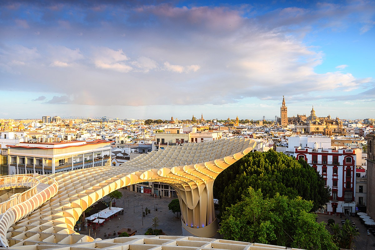 Magnificent aerial views of streets and city buildings, city of Seville, Spain
