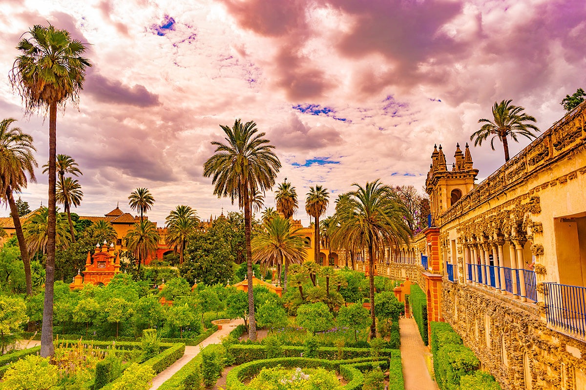 Image of a beautiful garden at the Royal Alcazar of Seville, Spain