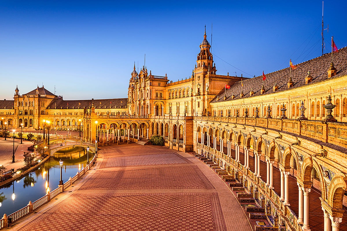Wonderful evening view of Plaza de Espana, city of Seville