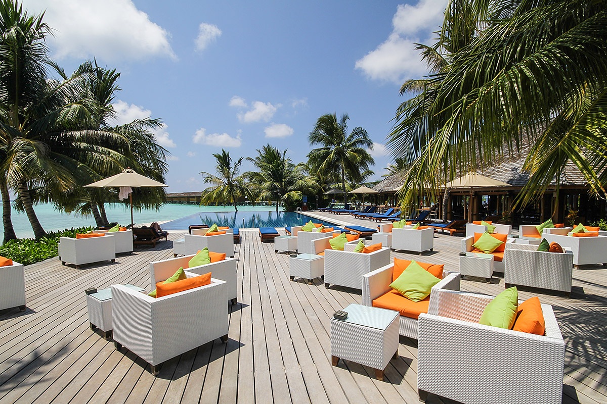 View of the pool and recreation area for tourists, Vilamendhoo Island, Maldives