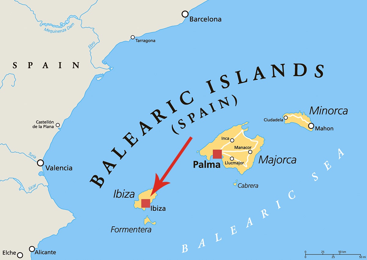 Image of a map showing the location of the island of Ibiza, Spain