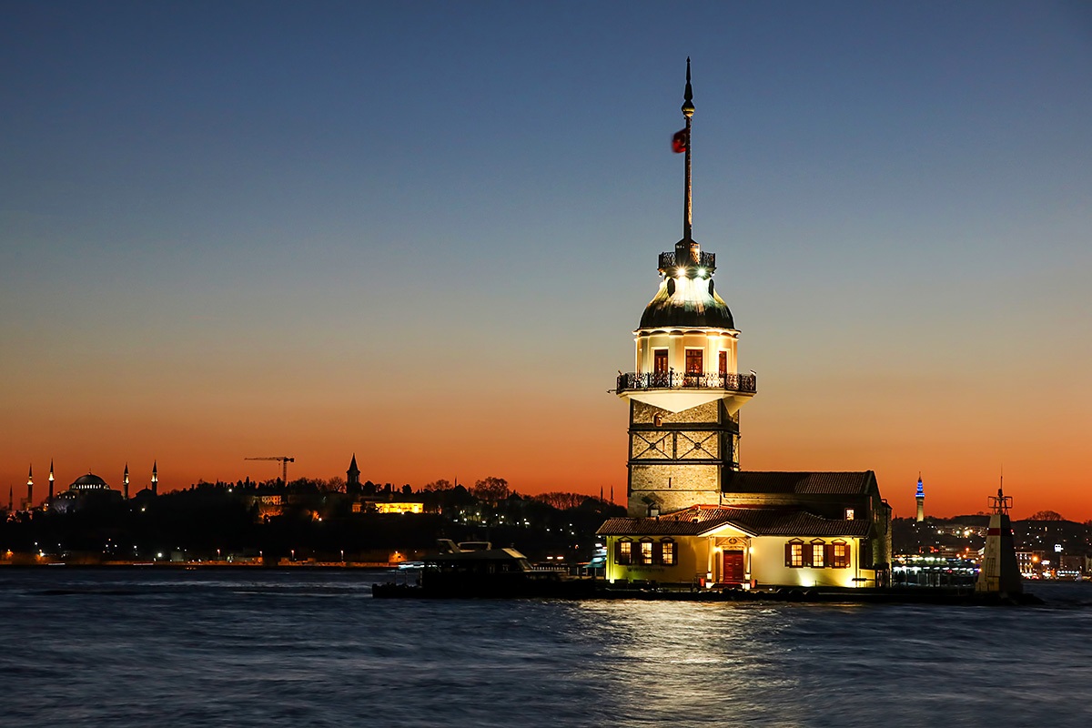 Night view of the Maiden Tower, city of Istanbul