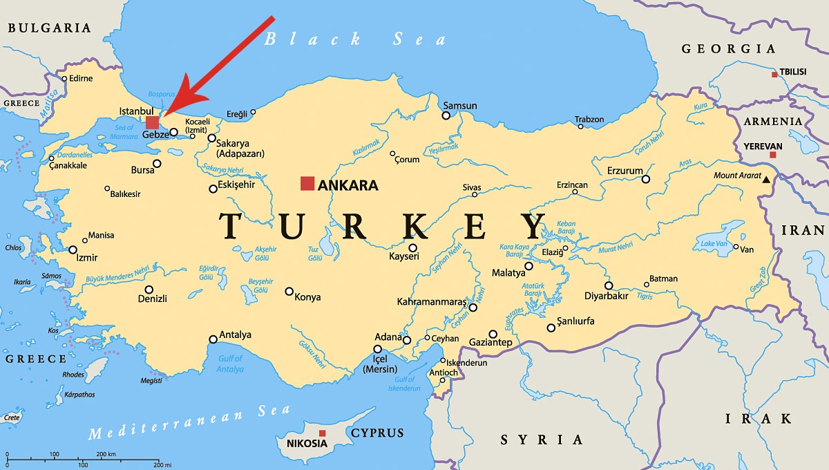 Image of a map showing the location of the city of Istanbul, Turkey