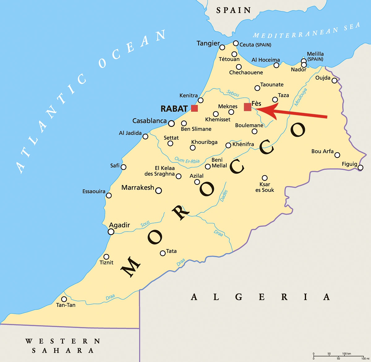Image of a map showing the location of the city of Fes, Morocco
