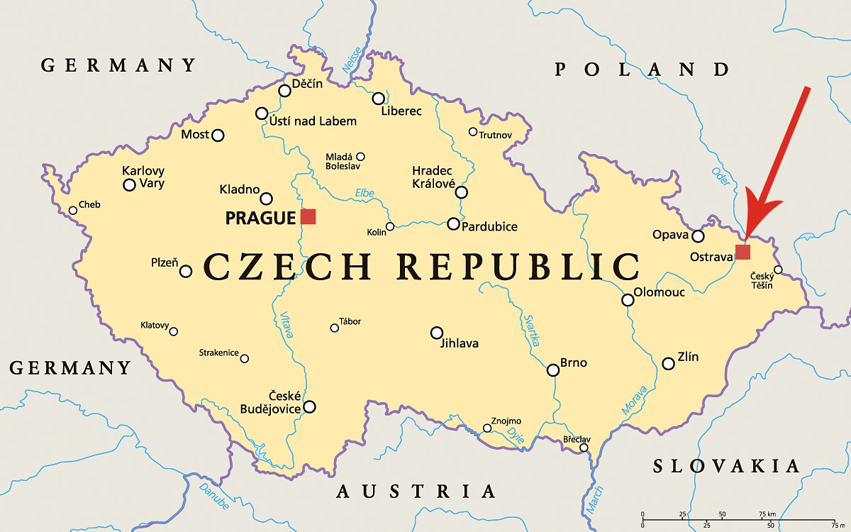 Image of a map showing the location of the city of Ostrava, Czech Republic