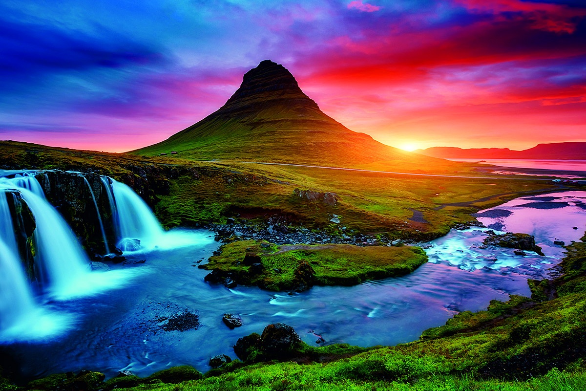 Beautiful view of the mountains and the waterfall at the time of sunset, Europe Beautiful view of the mountains and the waterfall at the time of sunset, Europe