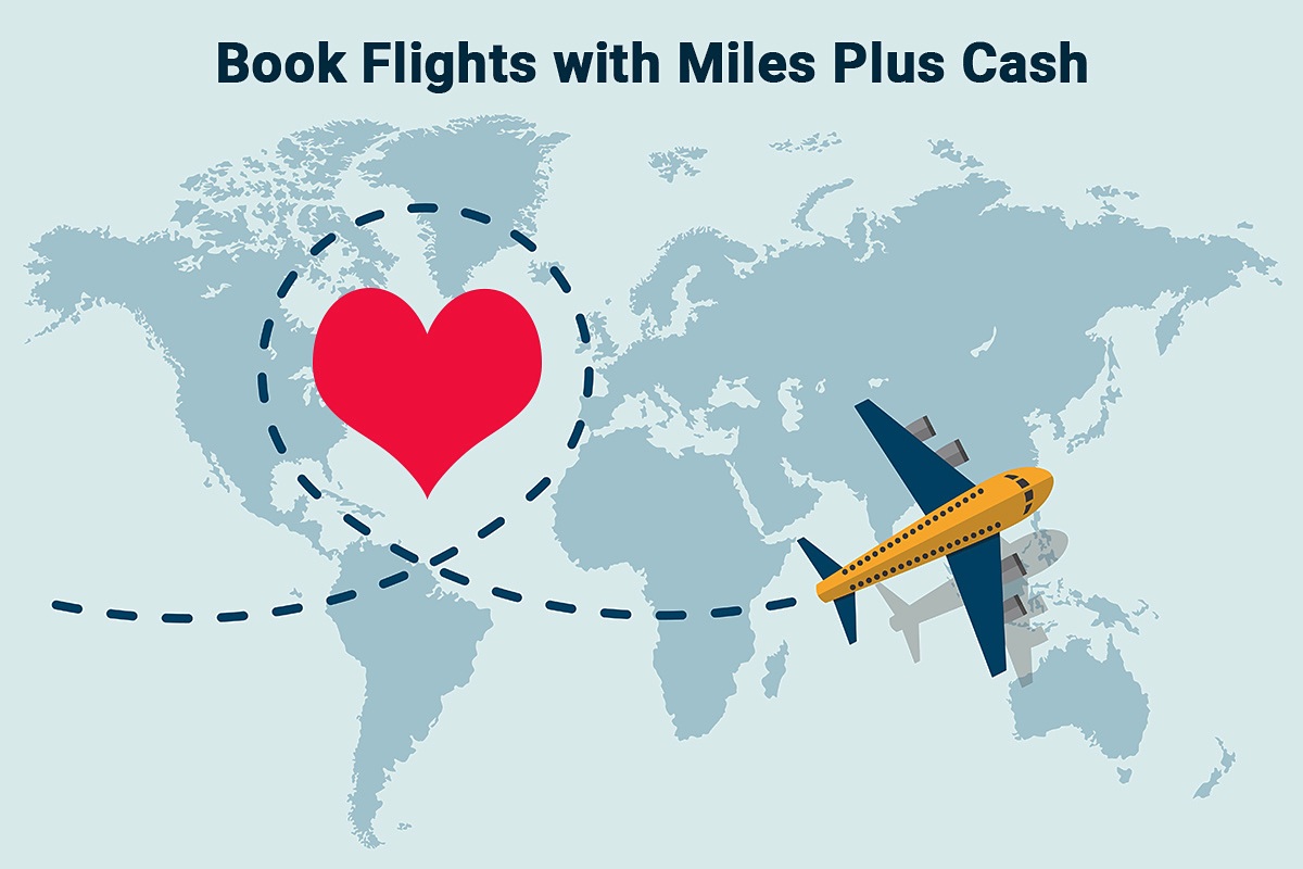 Image of the world map and a flying plane with the advantageous offer Book Flights with Miles Plus Cash