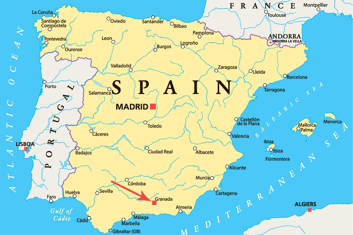 Image of a map showing the location of the city of Granada, Spain
