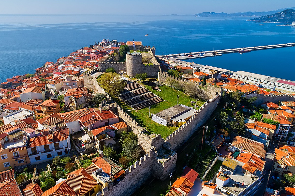 Aerial view of the medieval city wall and ancient buildings, city of Kavala Aerial view of the medieval city wall and ancient buildings, city of Kavala