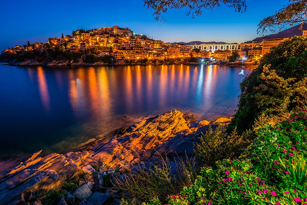 Beautiful night view of the sea and the city of Kavala, Greece Beautiful night view of the sea and the city of Kavala, Greece