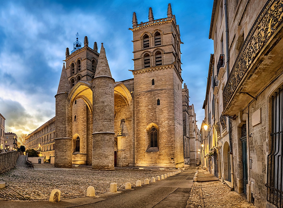 Evening view of the Gothic St. Peter's Cathedral in Montpellier Evening view of the Gothic St. Peter's Cathedral in Montpellier